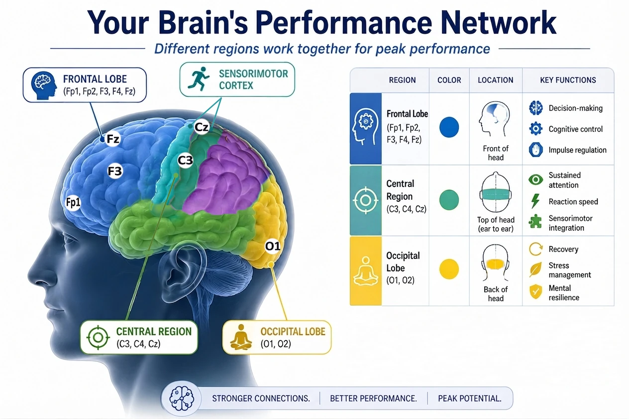 Brain regions for executive function training — frontal decision-making, central reaction speed, occipital stress recovery