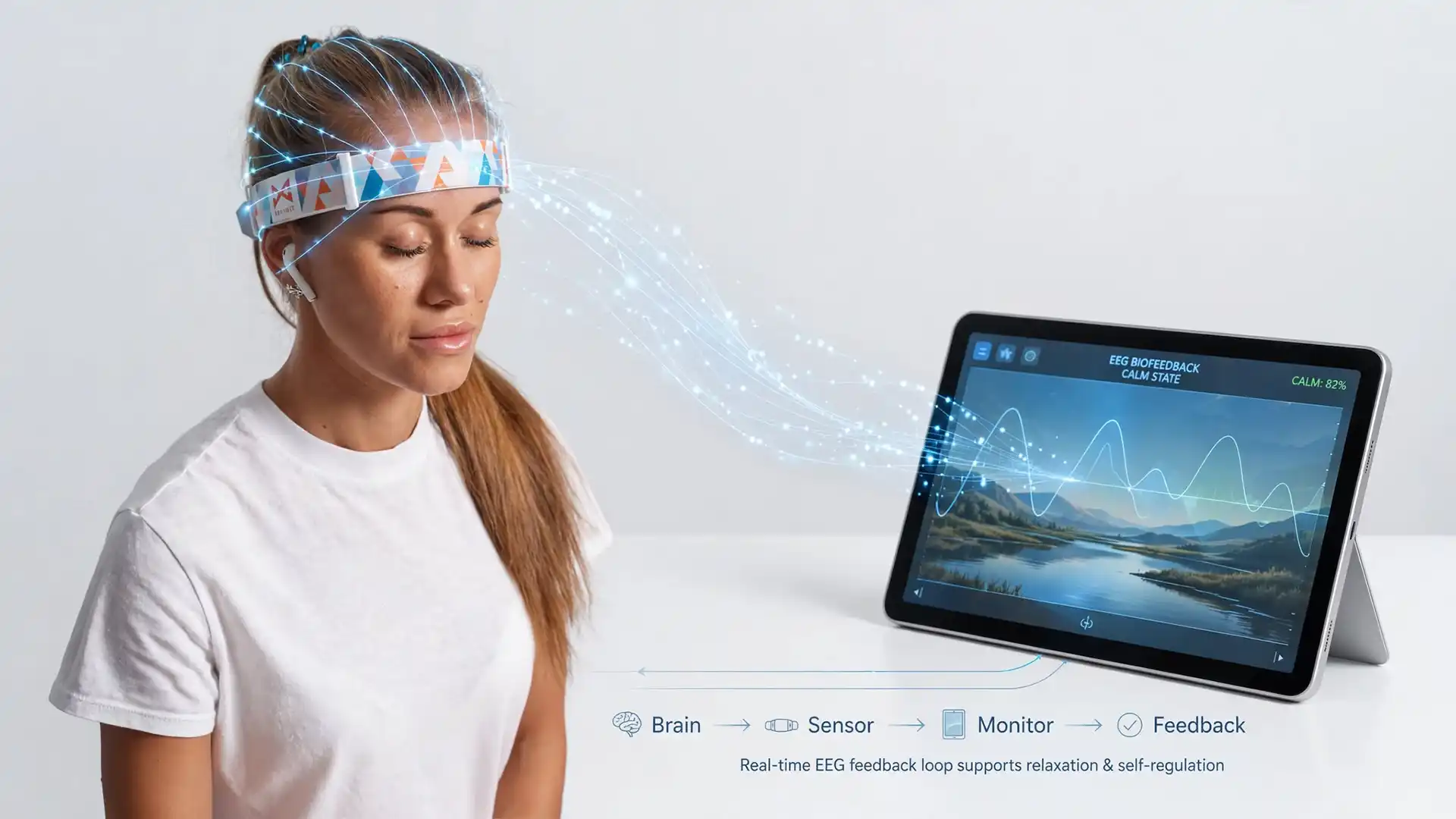 Woman wearing an EEG biofeedback sensor demonstrating real-time brain wave monitoring for neurofeedback training.