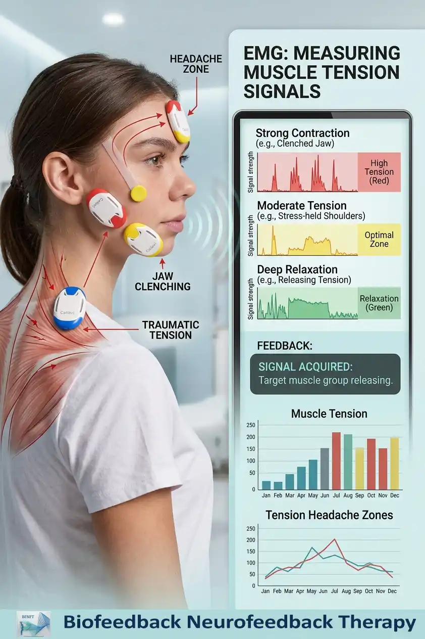 EMG biofeedback sensor placement on the forehead, jaw, and neck to measure and monitor muscle tension levels.