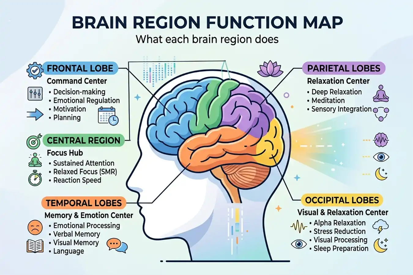 Brain region function map showing which areas control focus, relaxation, sleep, and performance for neurofeedback training. How to choose a neurofeedback device