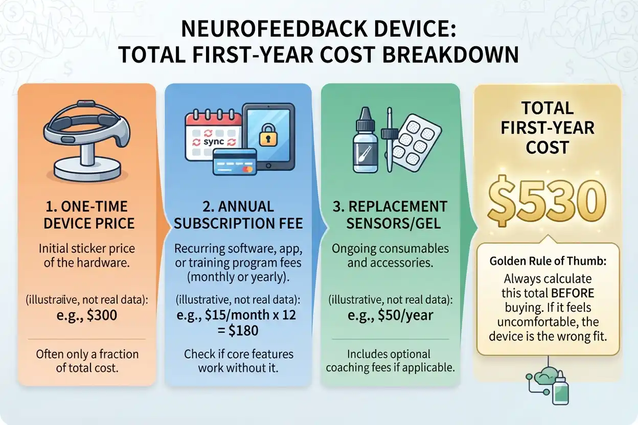 Neurofeedback equipment cost breakdown showing first-year total from device price, subscription fees, and replacement sensors
