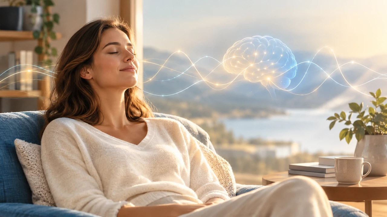 Woman relaxing at home during a home biofeedback training session, showing a glowing brain representation of self-regulation