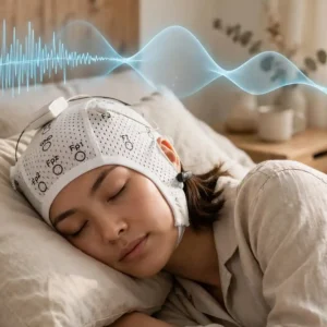 Woman training her brain to rest with home neurofeedback headband for sleep