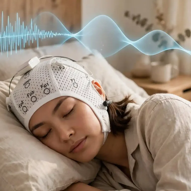 Woman training her brain to rest with home neurofeedback headband for sleep