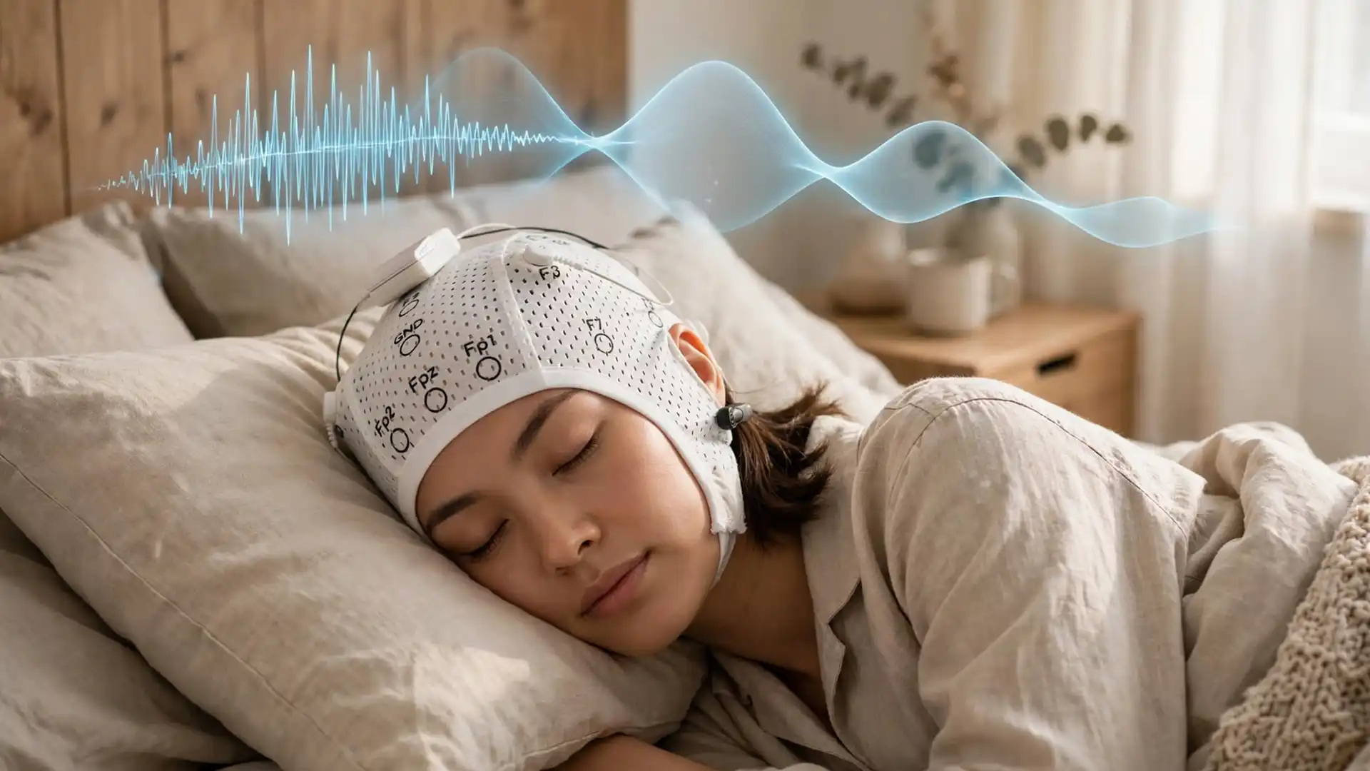 Woman training her brain to rest with home neurofeedback headband for sleep