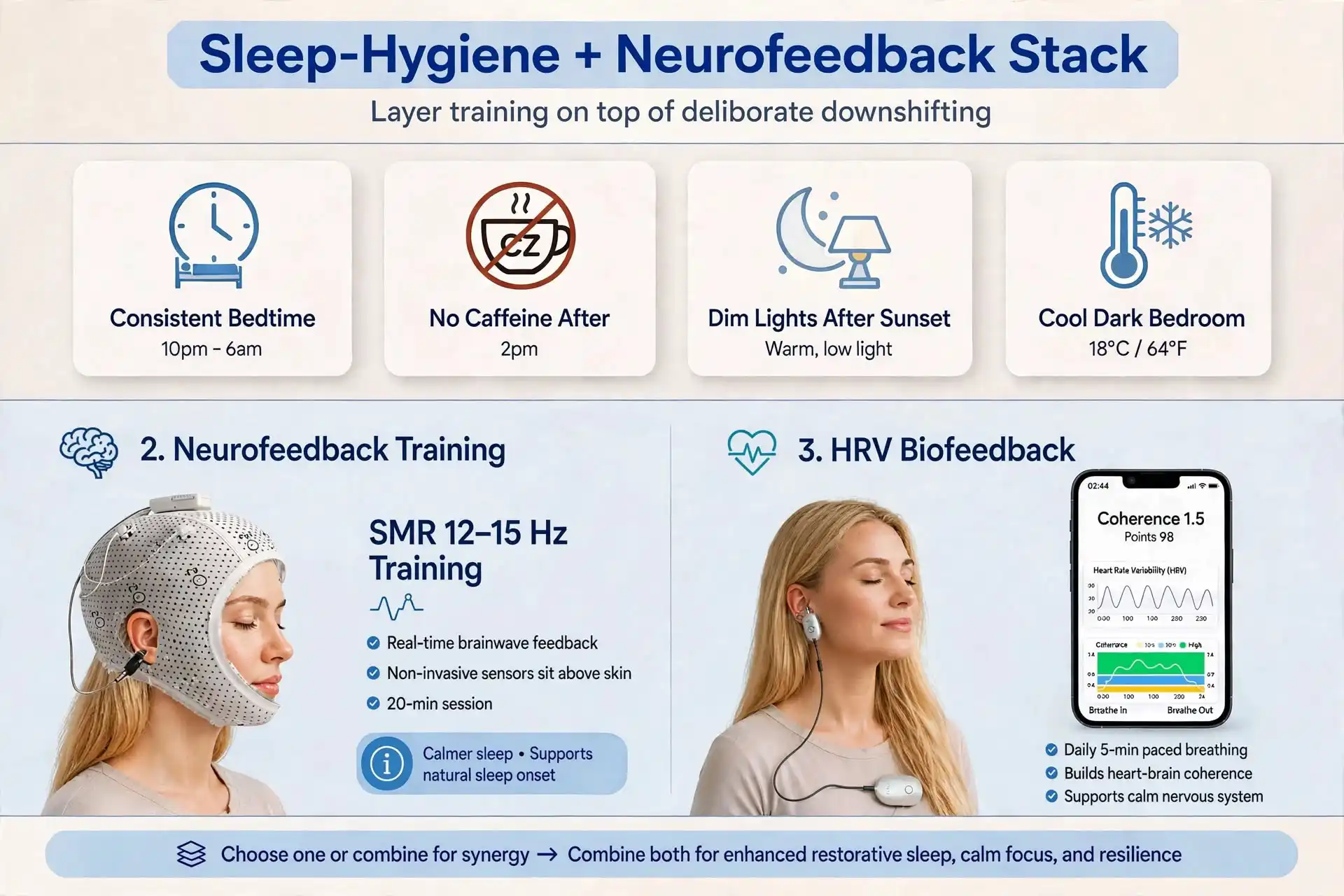 Pairing sleep hygiene habits with neurofeedback and HRV+breath biofeedback